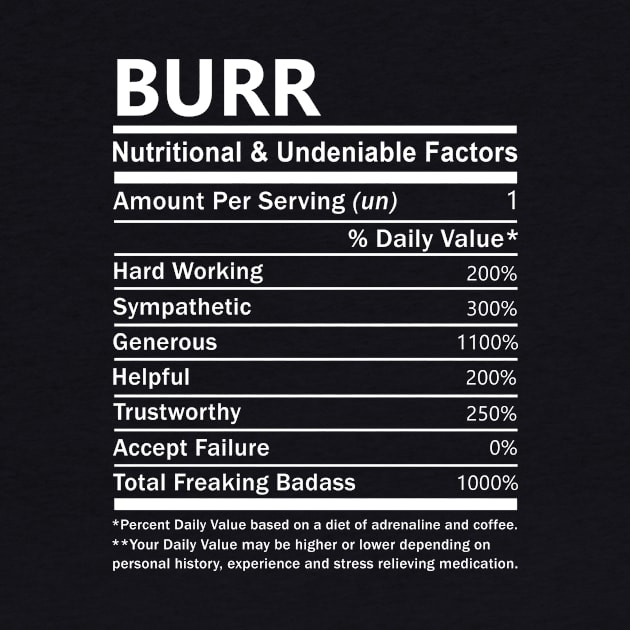 Burr Name T Shirt - Burr Nutritional and Undeniable Name Factors Gift Item Tee by nikitak4um